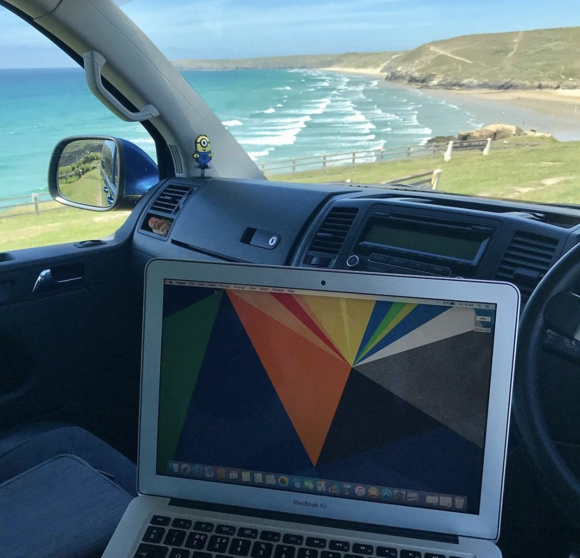 View of the beach from Ross's windscreen, with his laptop placed in shot