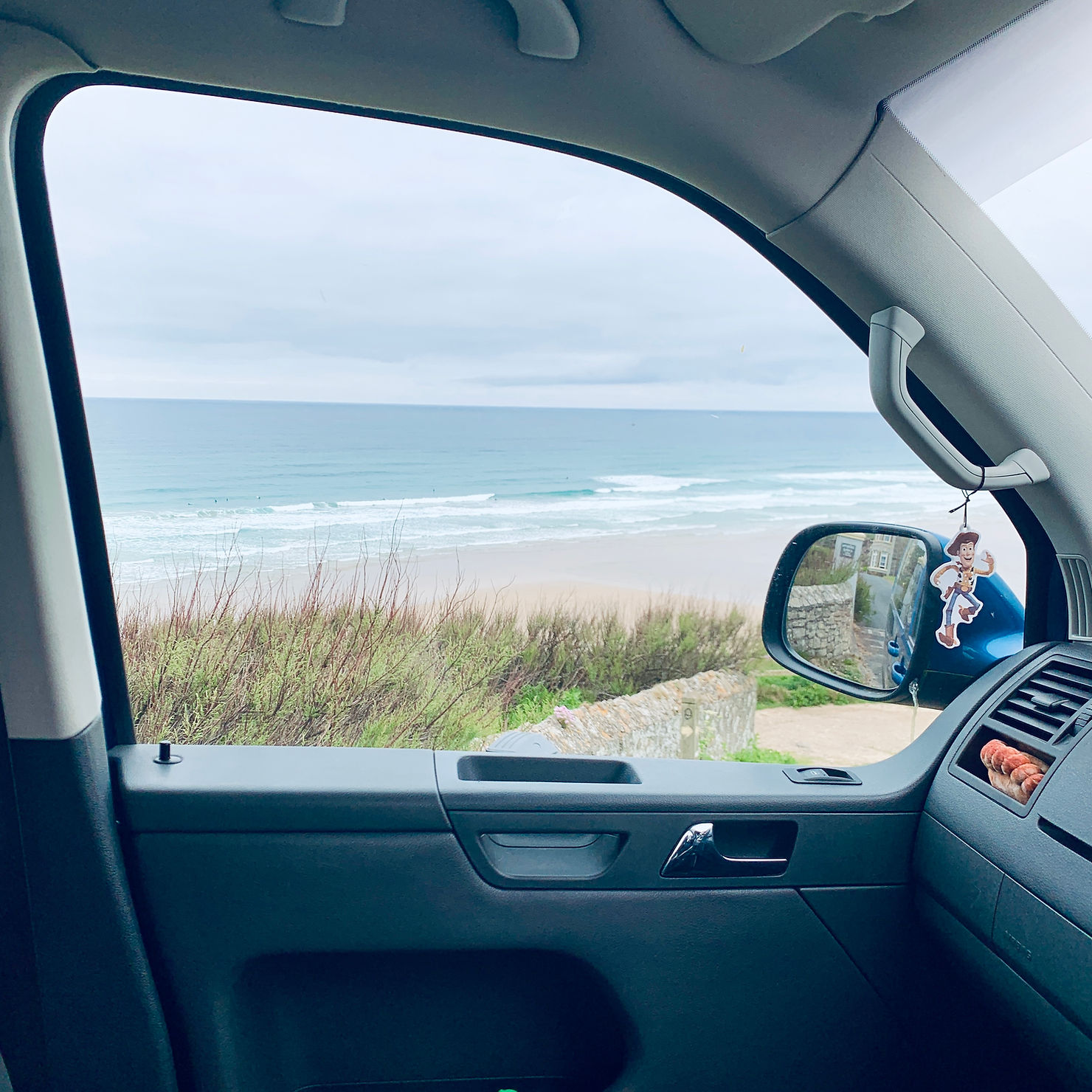 View of the beach from Ross's car window