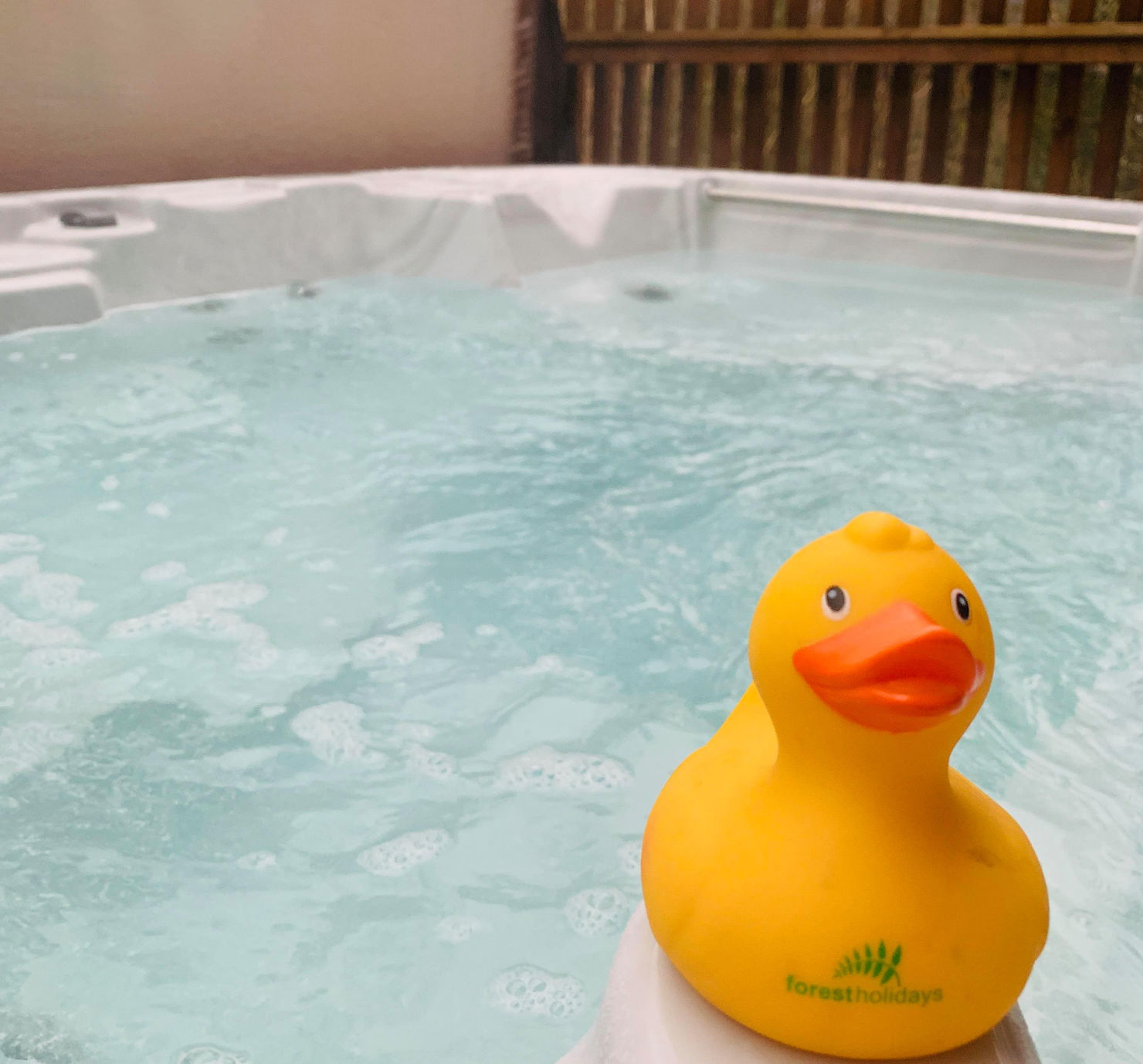 Close up shot of the hot tub water, with Forest Holidays logo printed on rubber duck