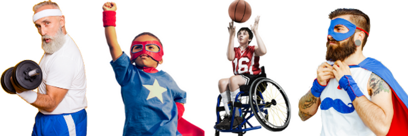 A variety of ages- people dressed in different outfits ready for their challenge. One older man with a dumbbell weight, a man in a superhero costume, a young boy playing wheelchair basketball