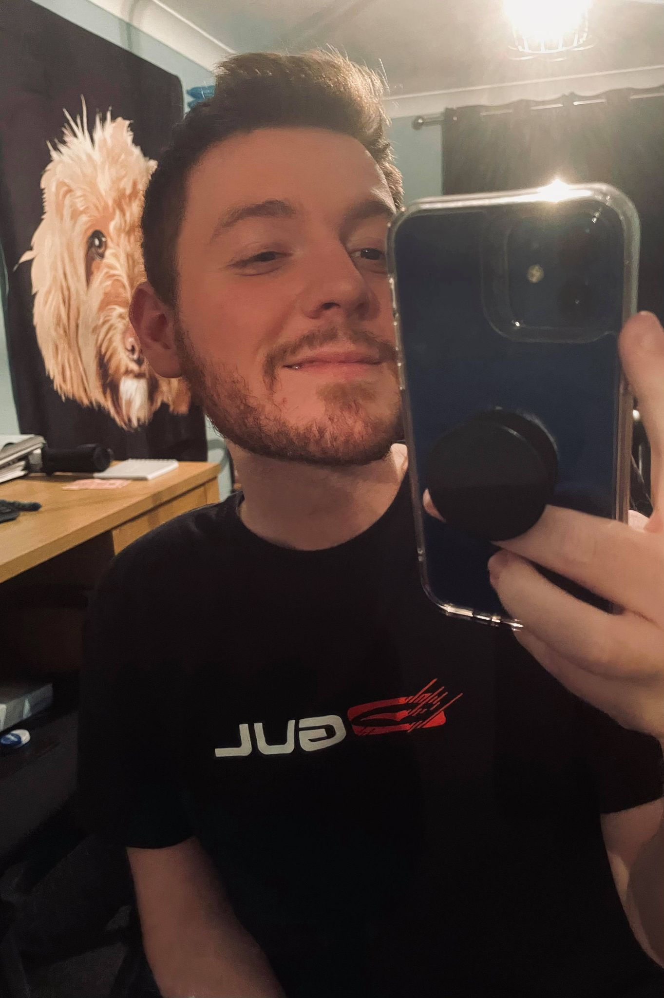 Ross taking a smiling selfie in his bedroom mirror