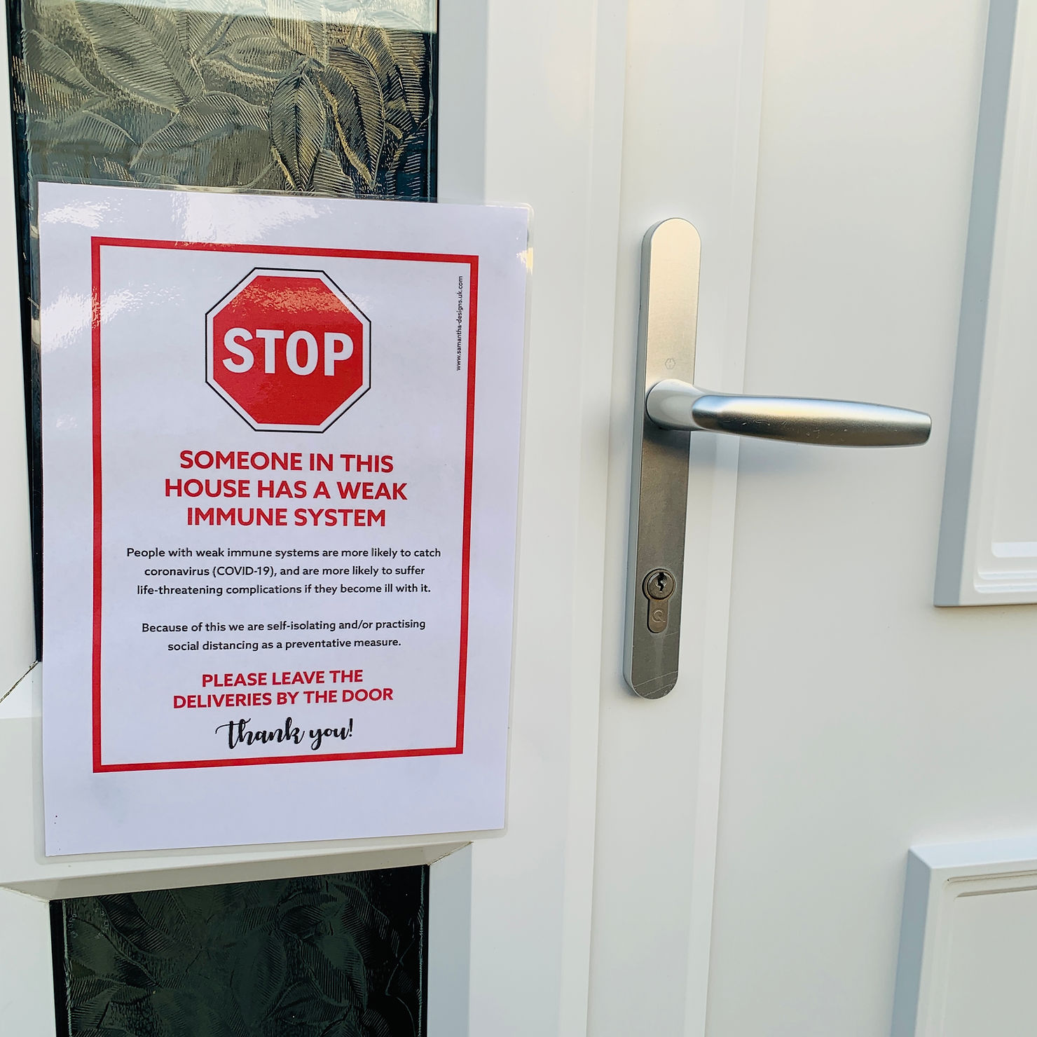Laminated sign on Ross's front door that says "STOP, someone in this house has a weak immune system. Please leave deliveries by the door"
