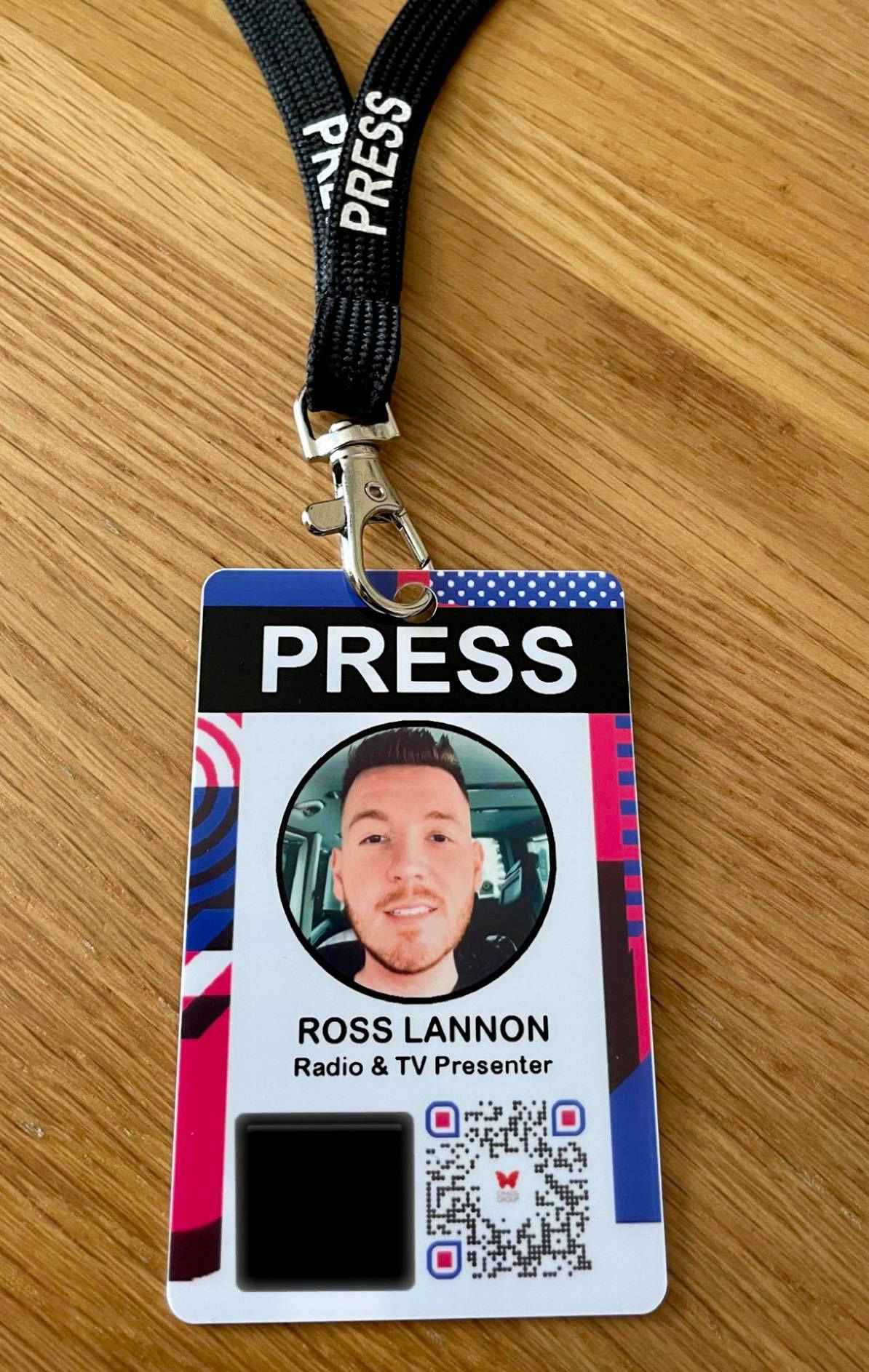 Ross's ID badge at CHAOS with his image and the words "TV & Radio presenter"