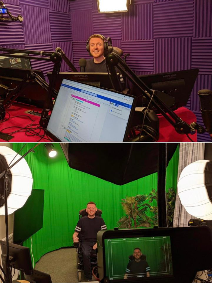 Collage of two images showing Ross at the radio studio, behind the desk and in front of a green screen