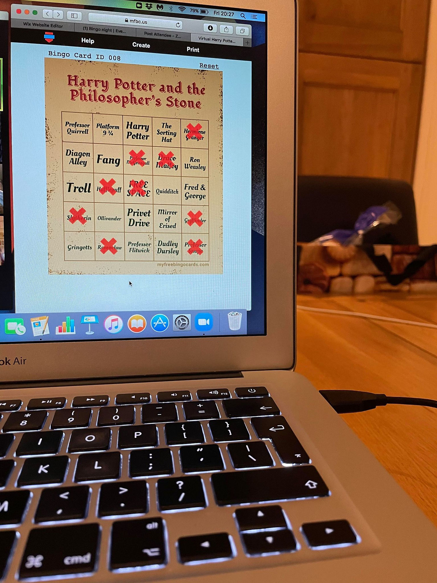 View of Ross's laptop screen showing his online harry potter bingo card