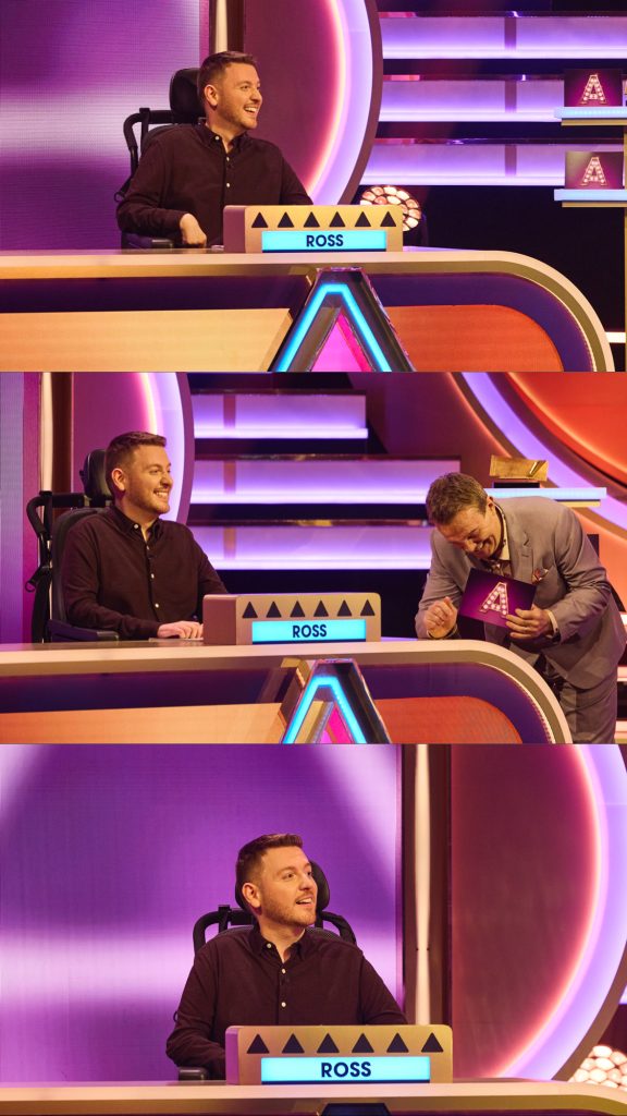 Collage of 3 screenshots of Ross on set of Blankety Blank with Bradley Walsh.